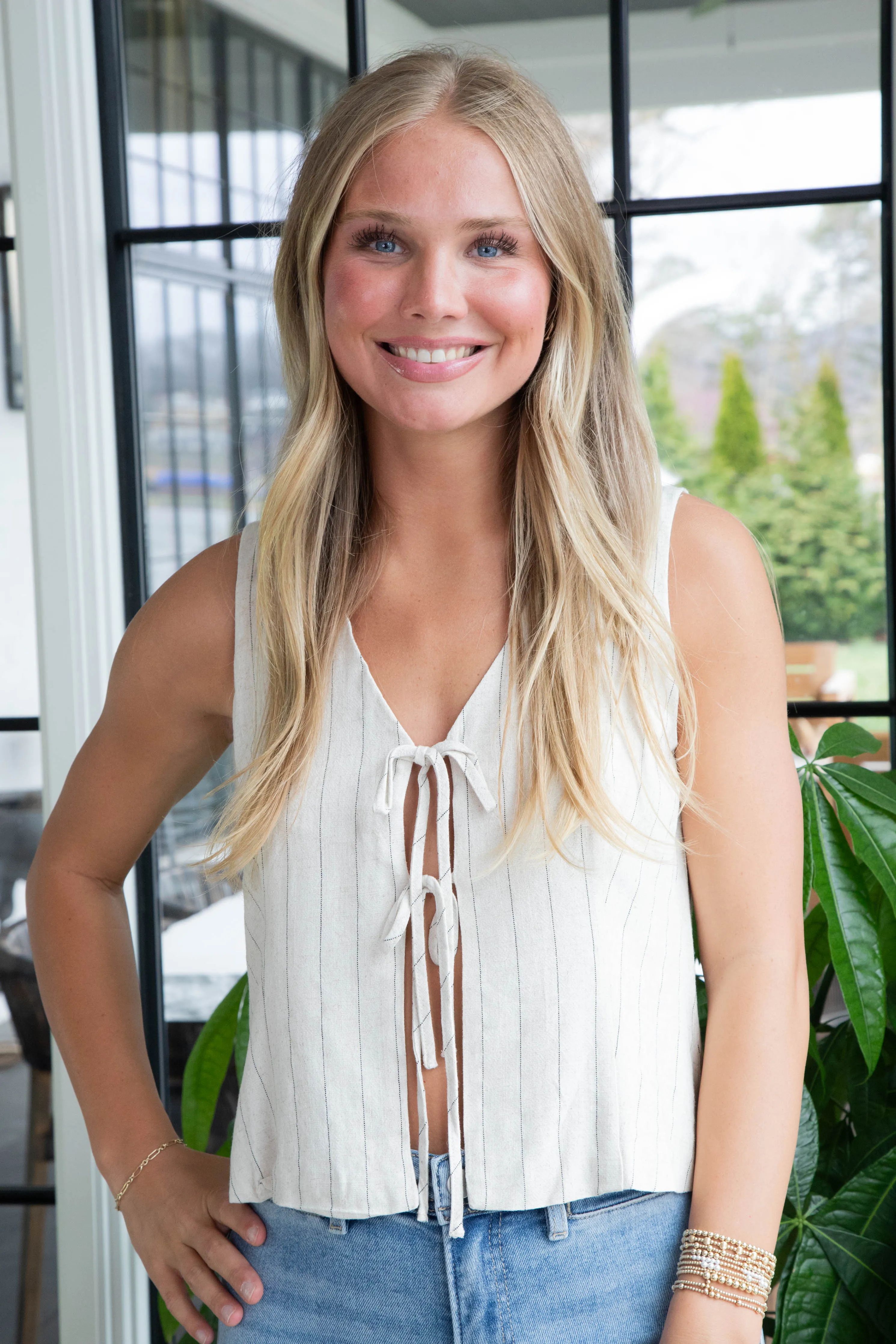 Stella Pinstriped Shirt Vest, Oatmeal sold by North & Main Clothing Company