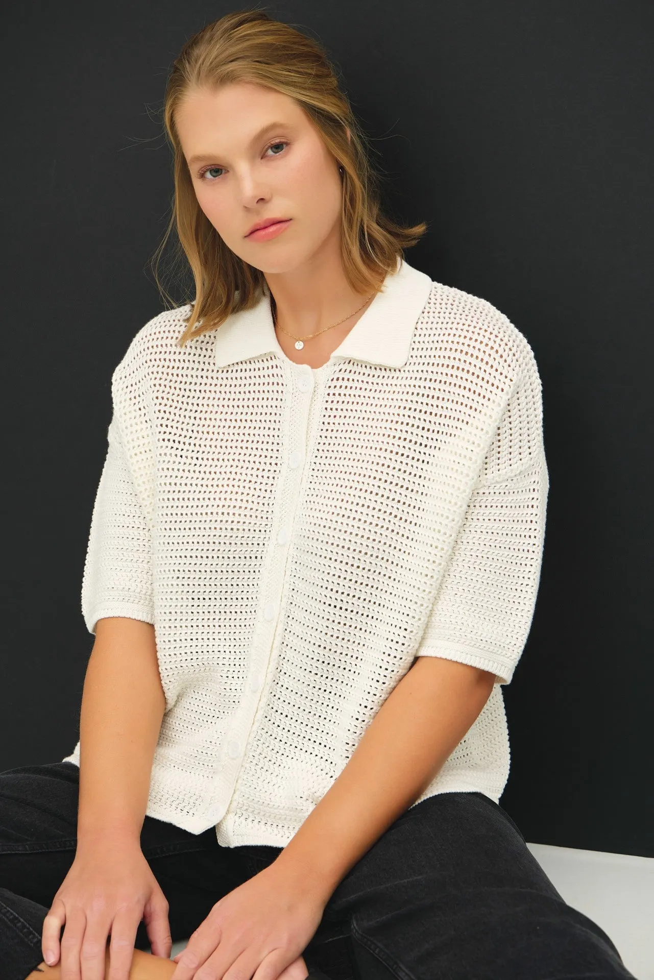 Marley Boxy Crocheted Shirt, White | Plus Size sold by North & Main Clothing Company