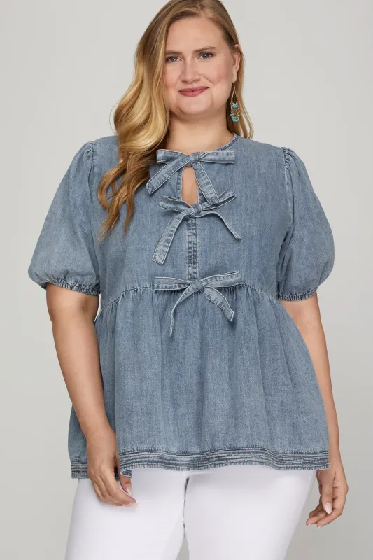 Elaina Puff Sleeve Peplum Blouse, Denim Blue | Extended Sizes sold by North & Main Clothing Company