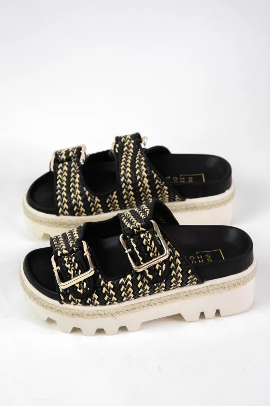 Xyla Double Buckle Platform Sandal, Black Woven | ShuShop sold by North & Main Clothing Company