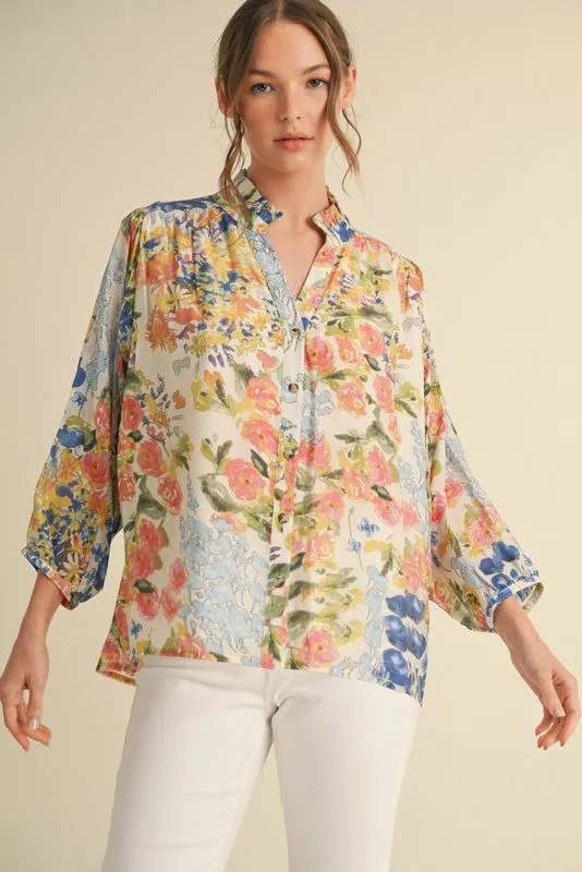 Angelina Three Quarter Sleeve Floral Top, Blue Mix sold by North & Main Clothing Company product image thumbnail 3