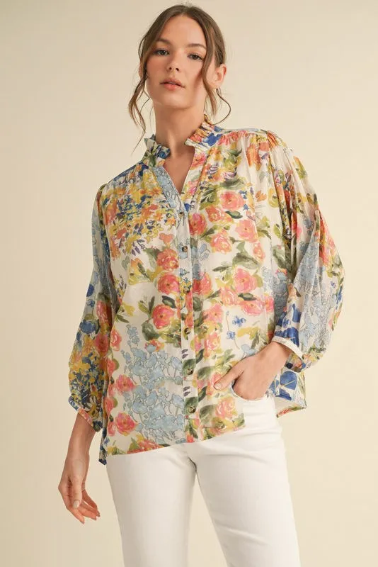 Angelina Three Quarter Sleeve Floral Top, Blue Mix sold by North & Main Clothing Company