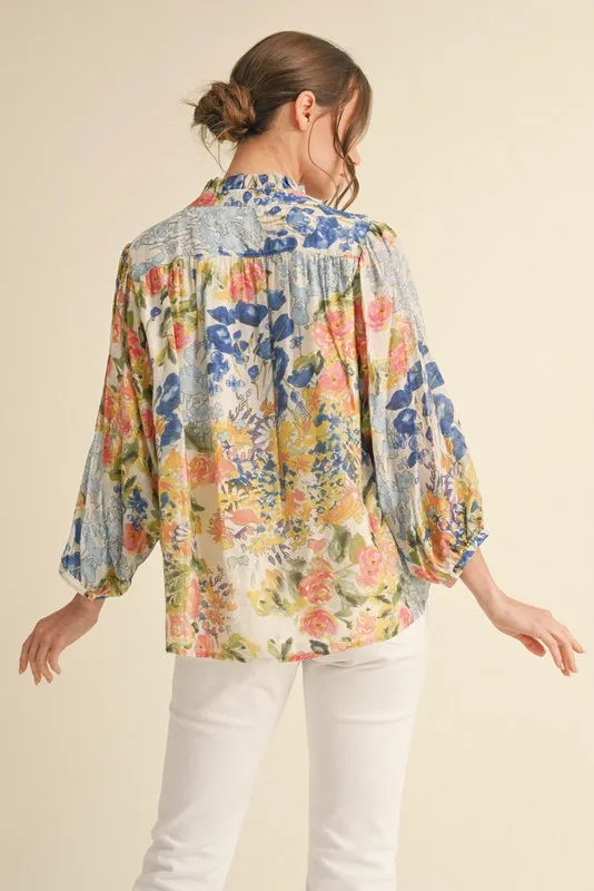 Angelina Three Quarter Sleeve Floral Top, Blue Mix sold by North & Main Clothing Company product image thumbnail 4