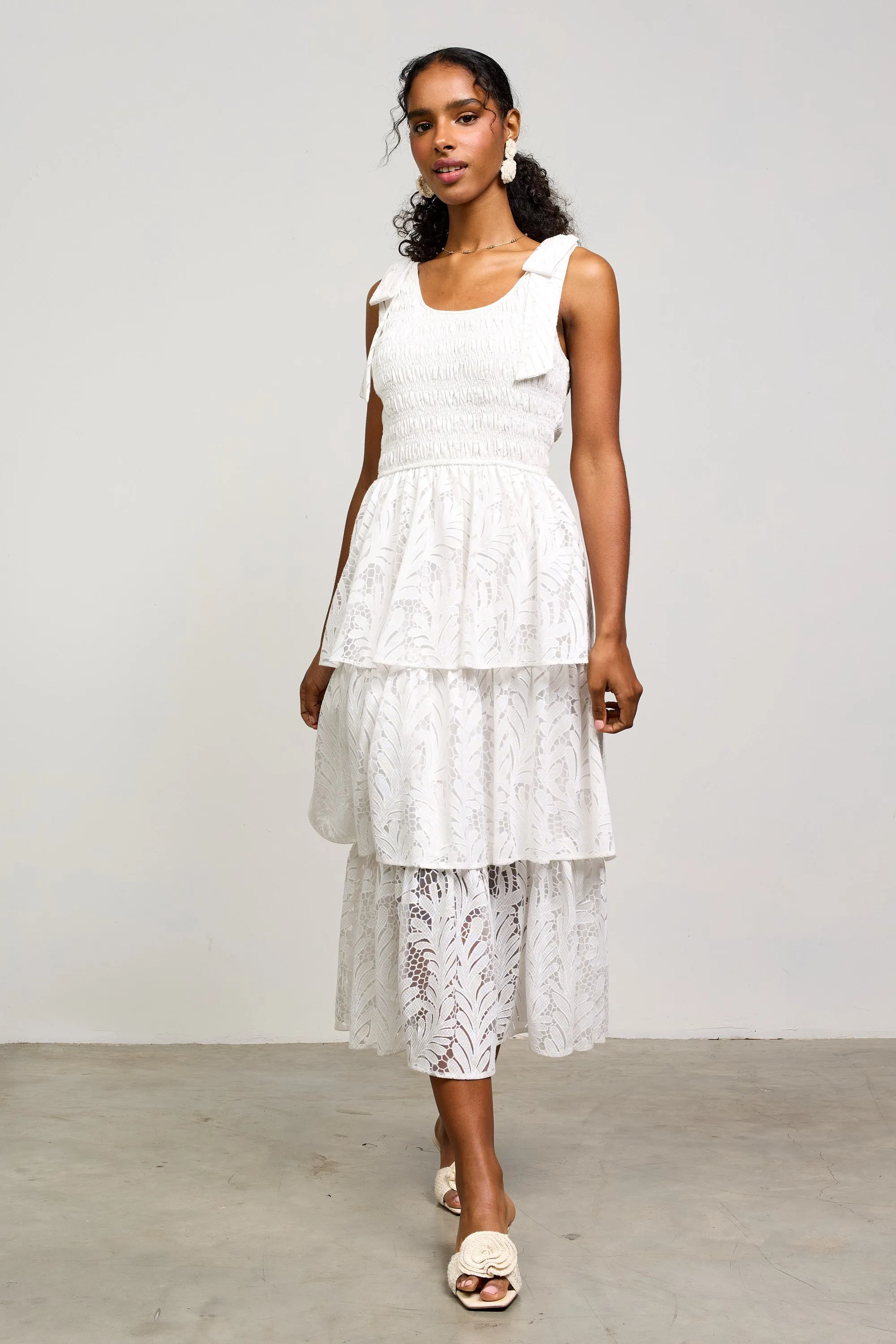 Teagan Burnout Woven Tiered Midi Dress, Off White sold by North & Main Clothing Company