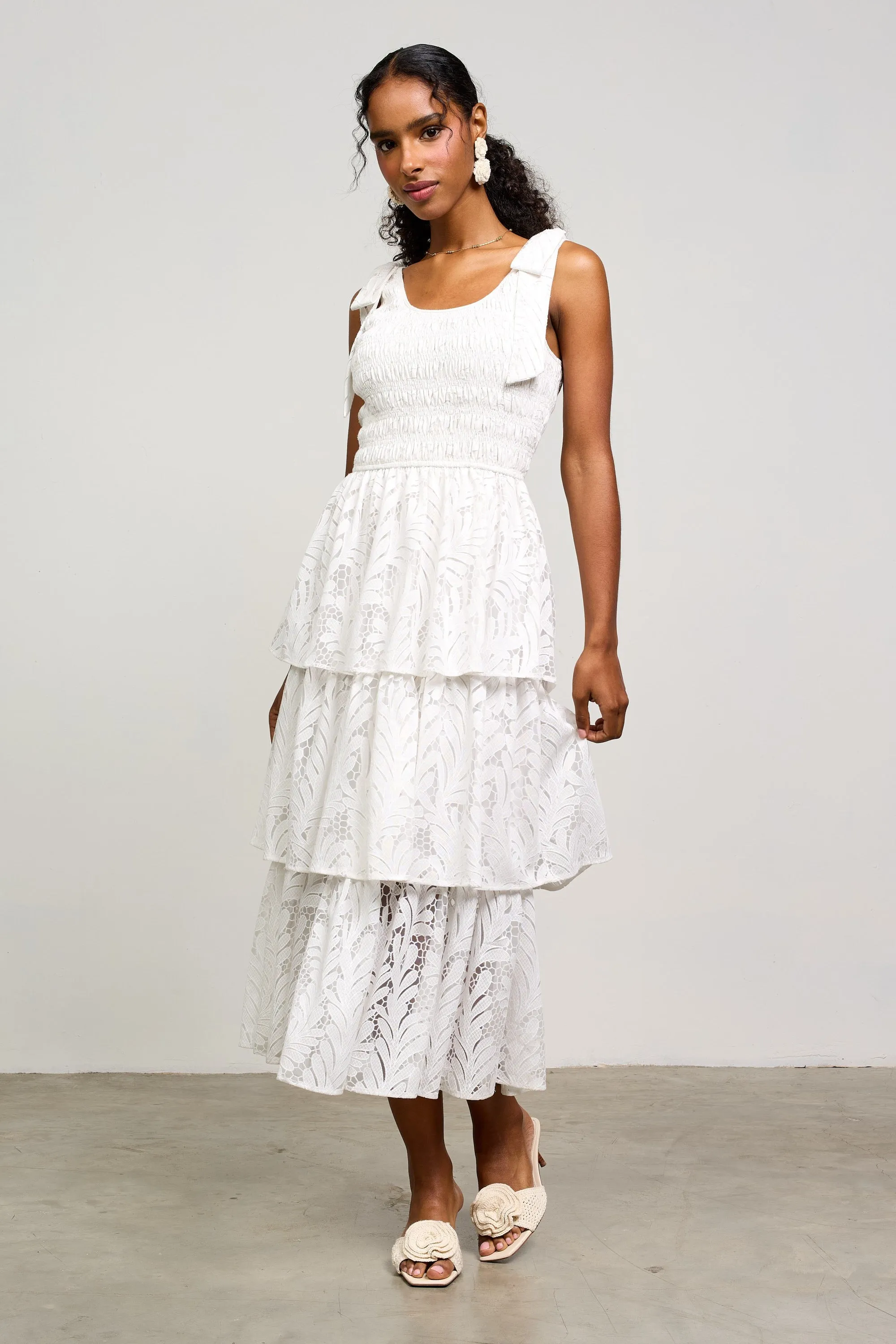 Teagan Burnout Woven Tiered Midi Dress, Off White sold by North & Main Clothing Company product image thumbnail 3