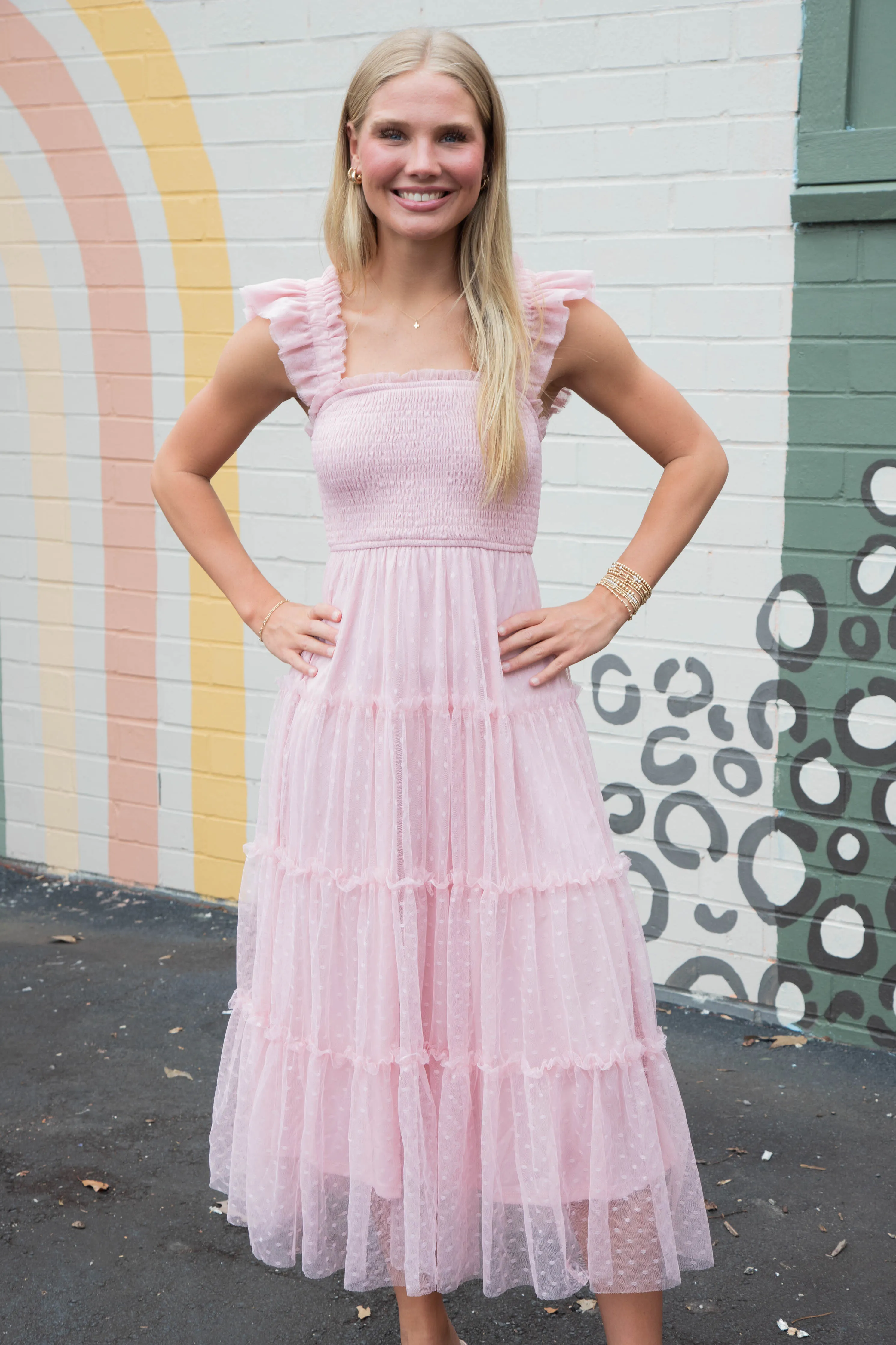 Celine Polka Dot Smocked Midi Dress, Pink sold by North & Main Clothing Company product image thumbnail 3