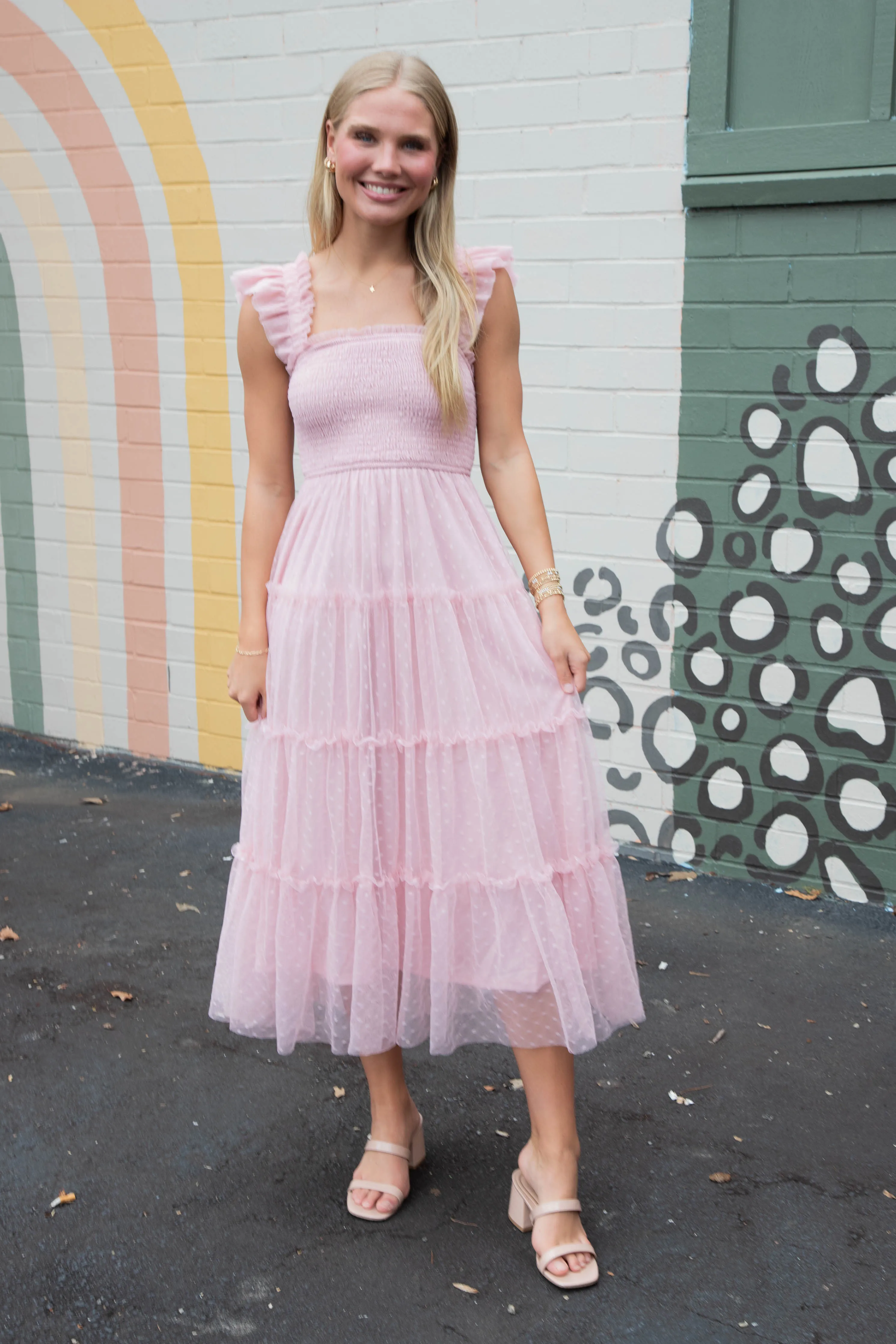 Celine Polka Dot Smocked Midi Dress, Pink sold by North & Main Clothing Company product image thumbnail 5