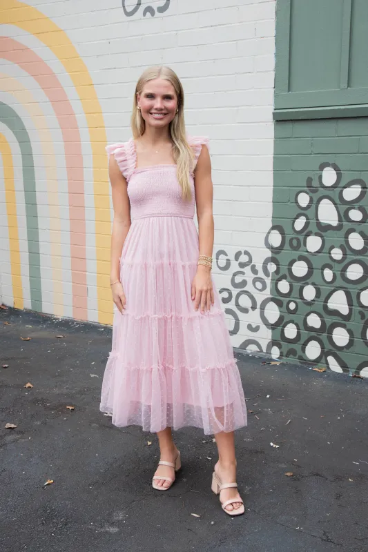 Celine Polka Dot Smocked Midi Dress, Pink sold by North & Main Clothing Company