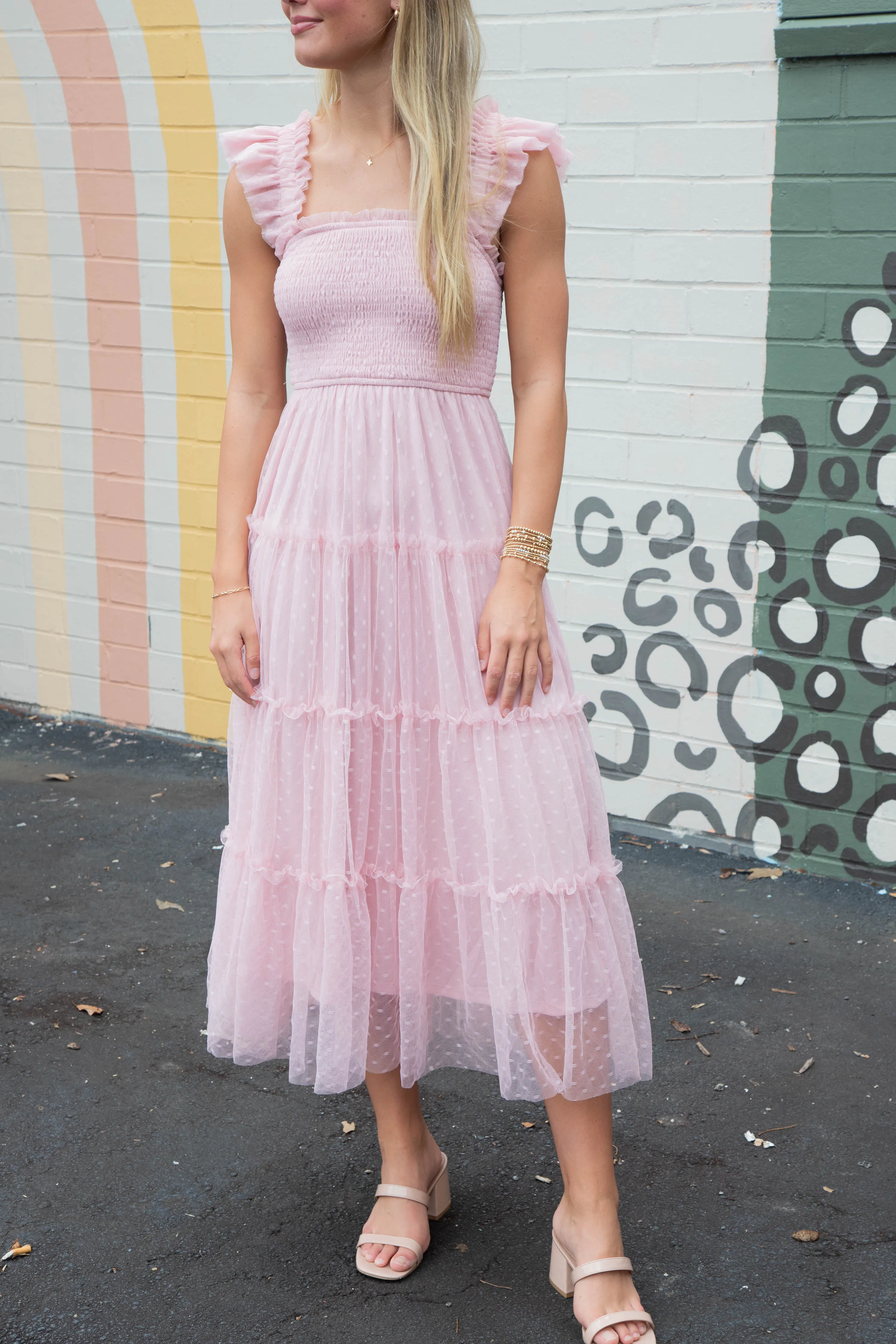 Celine Polka Dot Smocked Midi Dress, Pink sold by North & Main Clothing Company product image thumbnail 4