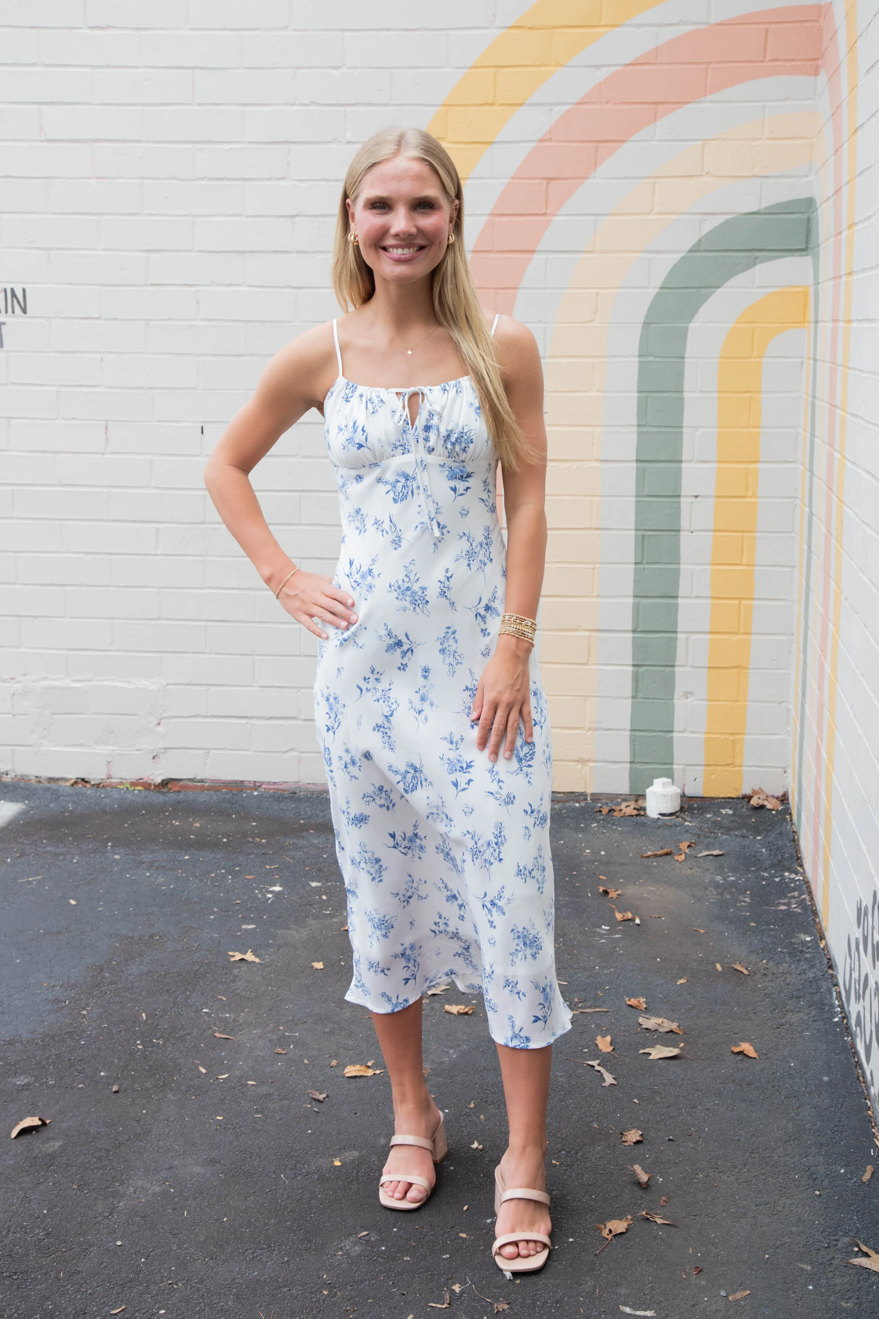 Brooke Floral Drawstring Front Midi Dress, Ivory Multi sold by North & Main Clothing Company product image thumbnail 3