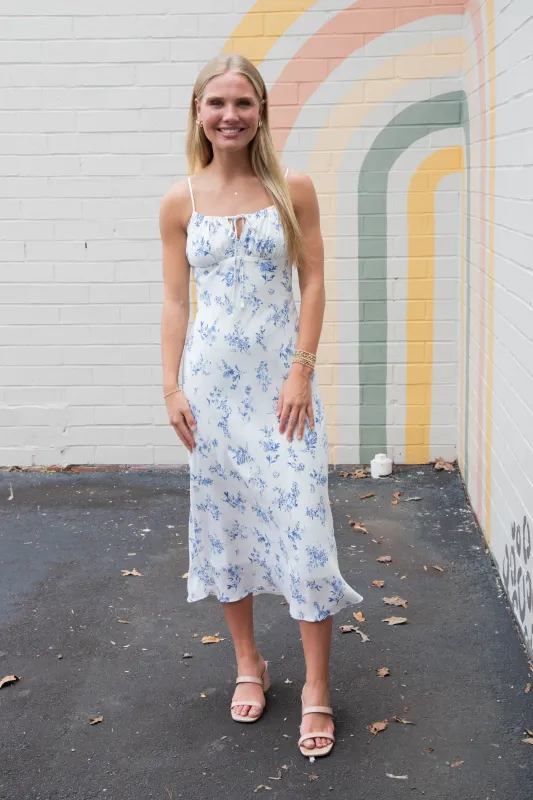 Brooke Floral Drawstring Front Midi Dress, Ivory Multi made by Blu Pepper