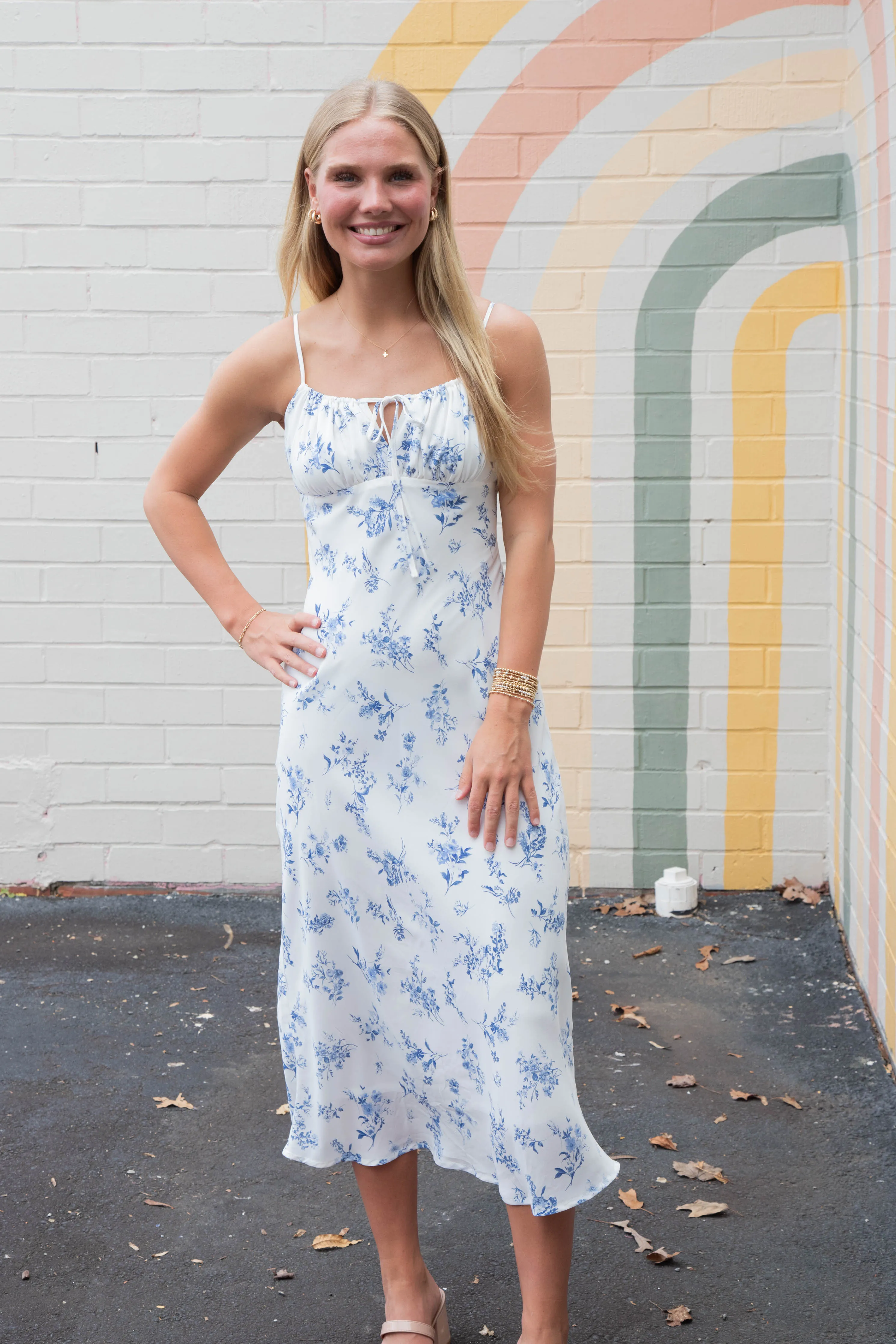 Brooke Floral Drawstring Front Midi Dress, Ivory Multi sold by North & Main Clothing Company product image thumbnail 4