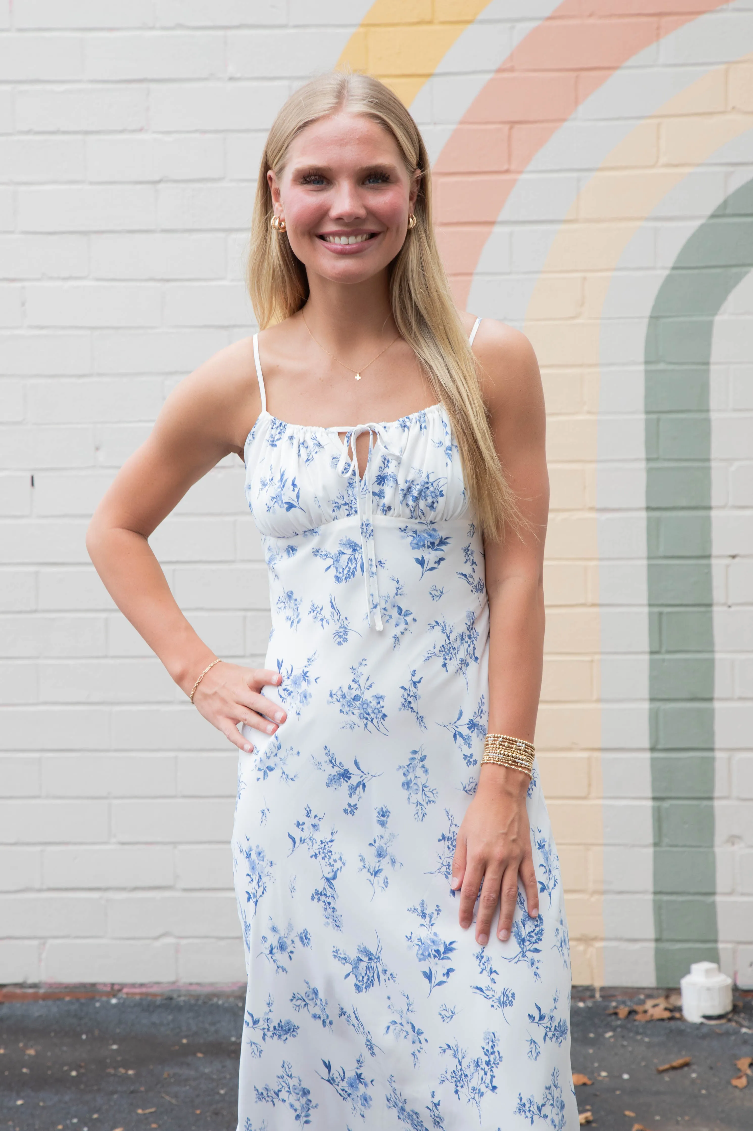 Brooke Floral Drawstring Front Midi Dress, Ivory Multi sold by North & Main Clothing Company product image thumbnail 5