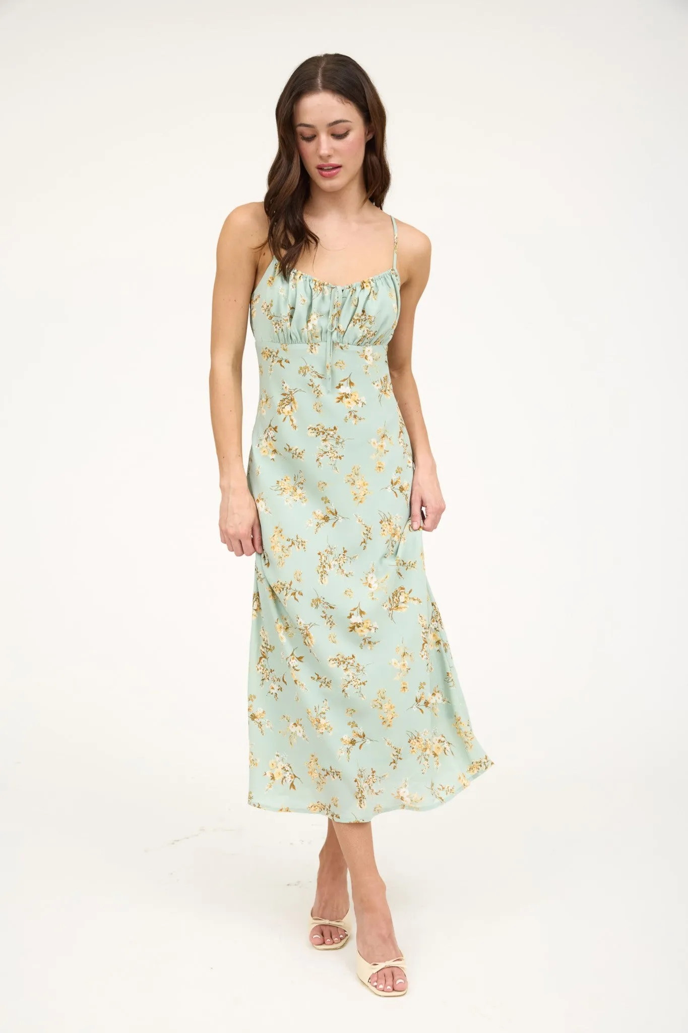 Brooke Floral Drawstring Front Midi Dress, Sage Multi sold by North & Main Clothing Company