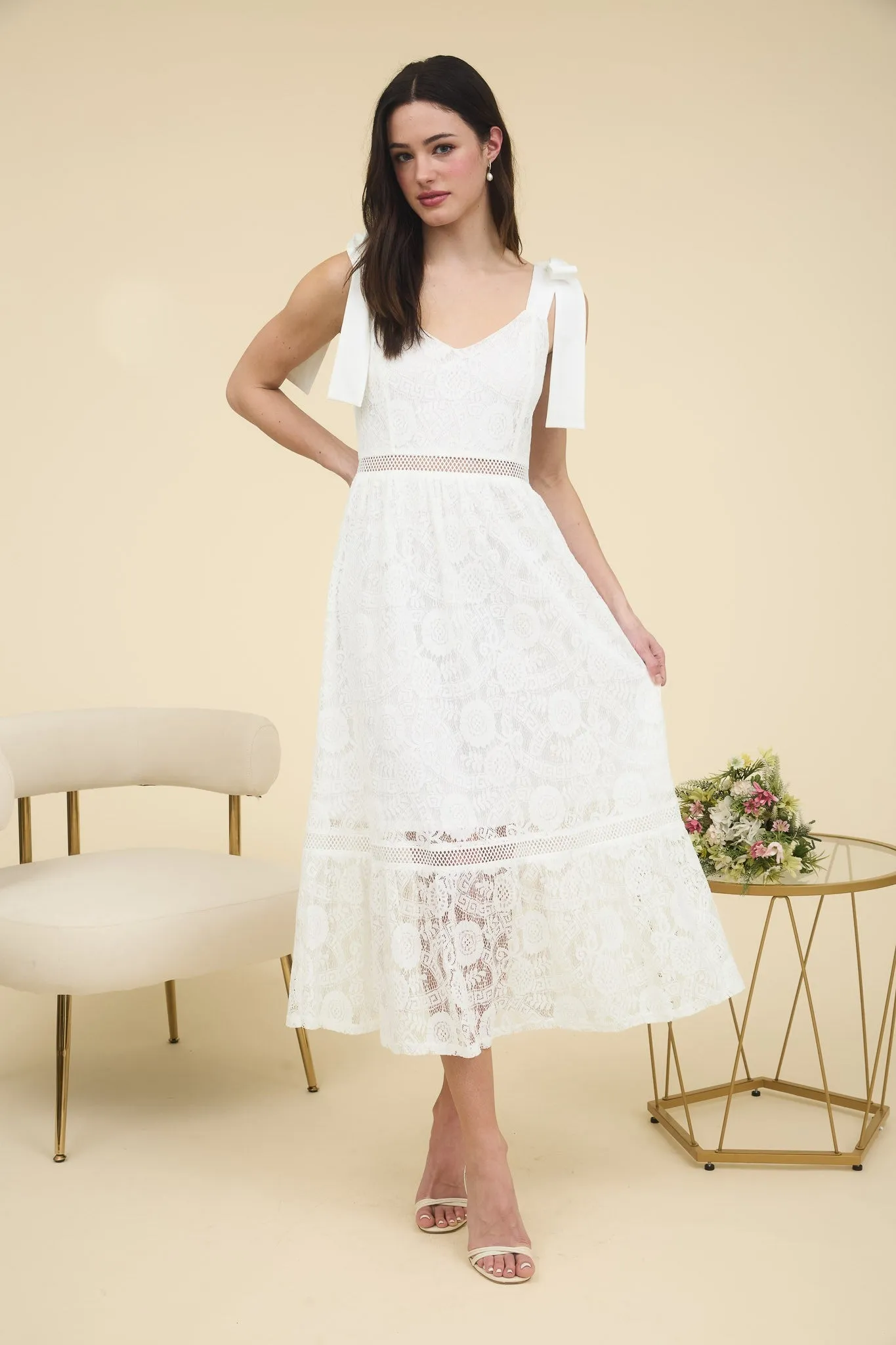Gabriela Lace Sheer Trim Midi Dress, Off White sold by North & Main Clothing Company