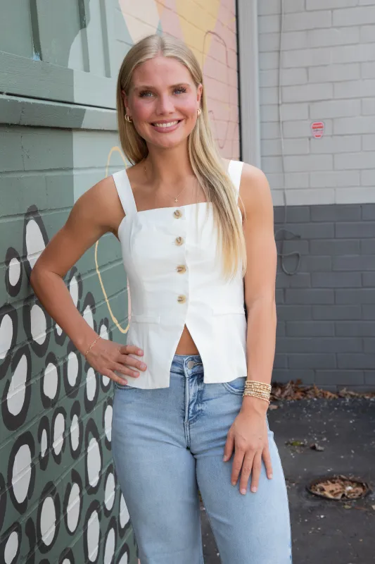Aubree Square Neck Button Top, Off White sold by North & Main Clothing Company