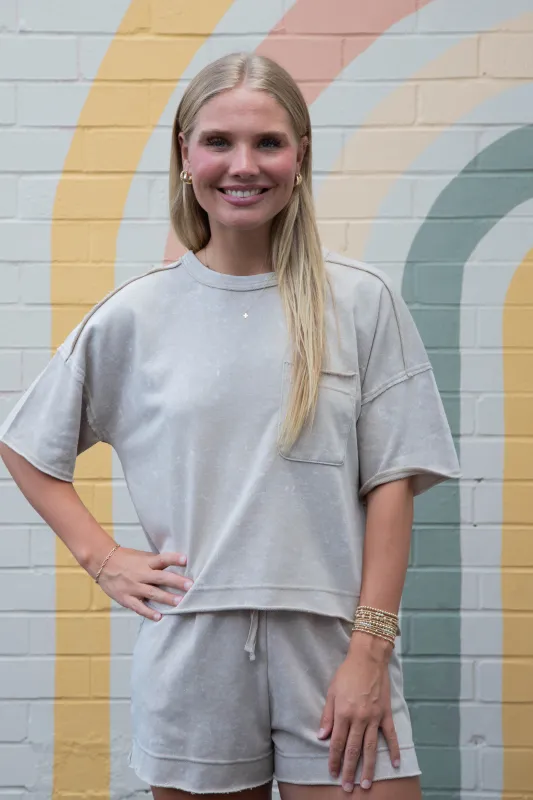 Juliet Mineral Wash Pocket Top, Taupe sold by North & Main Clothing Company