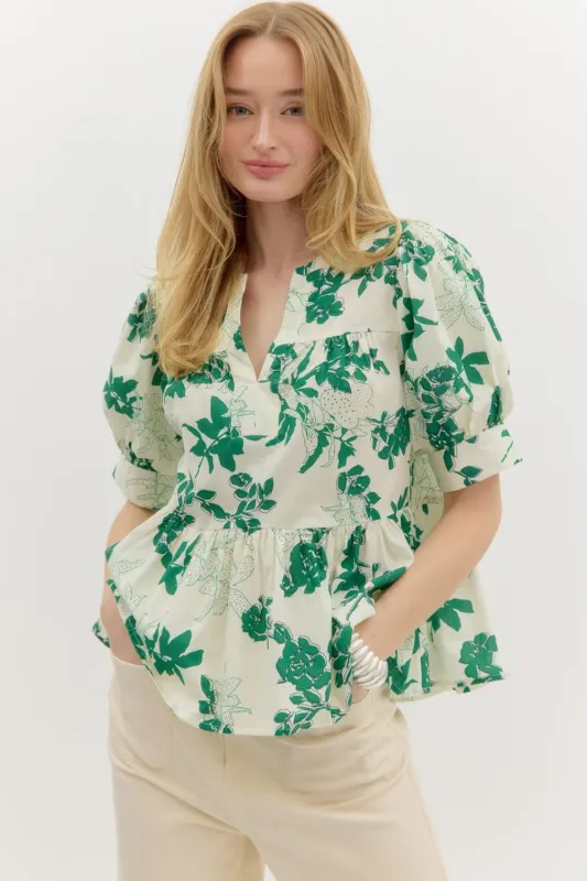 Kali Puff Sleeve Floral Peplum Top, Green sold by North & Main Clothing Company