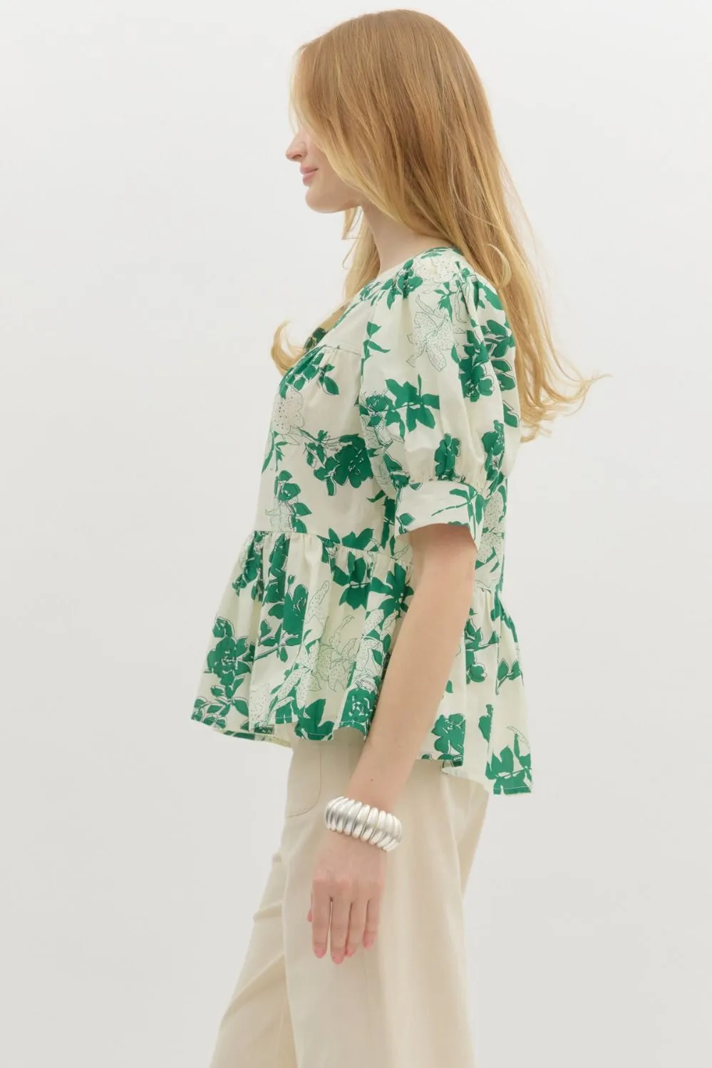 Kali Puff Sleeve Floral Peplum Top, Green sold by North & Main Clothing Company product image thumbnail 5