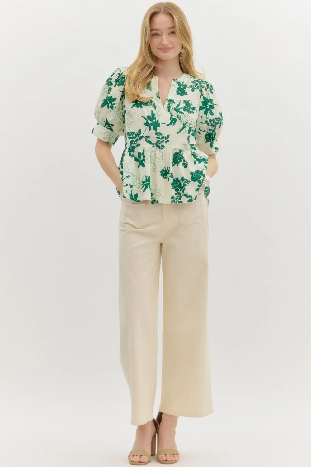 Kali Puff Sleeve Floral Peplum Top, Green sold by North & Main Clothing Company product image thumbnail 2
