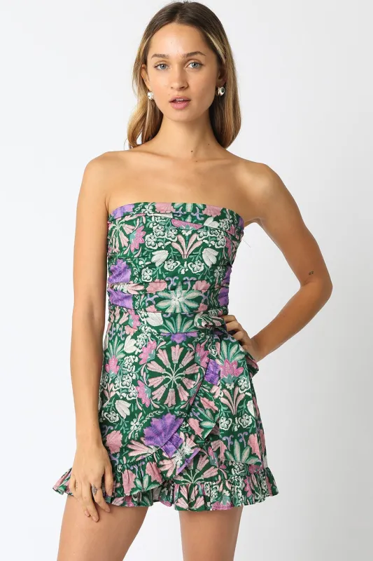 Ariel Strapless Ruffle Hem Romper, Green Multi sold by North & Main Clothing Company