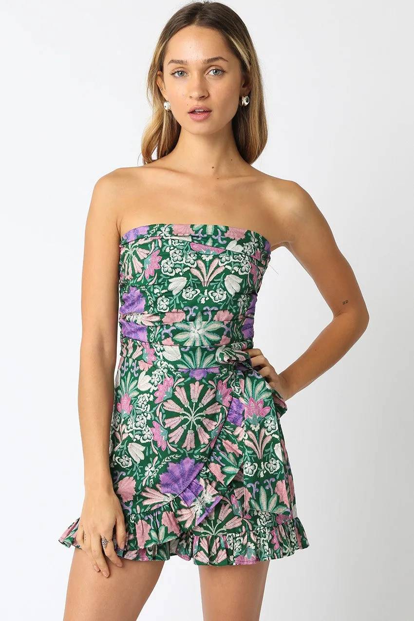 Ariel Strapless Ruffle Hem Romper, Green Multi sold by North & Main Clothing Company