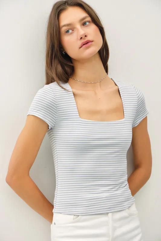 Jane Cap Sleeve Striped Tee, Slate Blue made by BE COOL