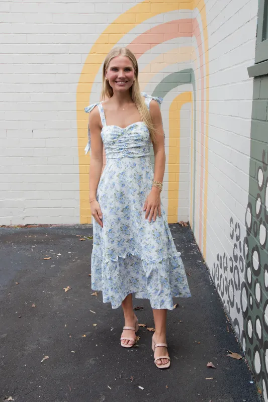 Mabel Floral Ruched Detail Maxi Dress, Blue Multi sold by North & Main Clothing Company
