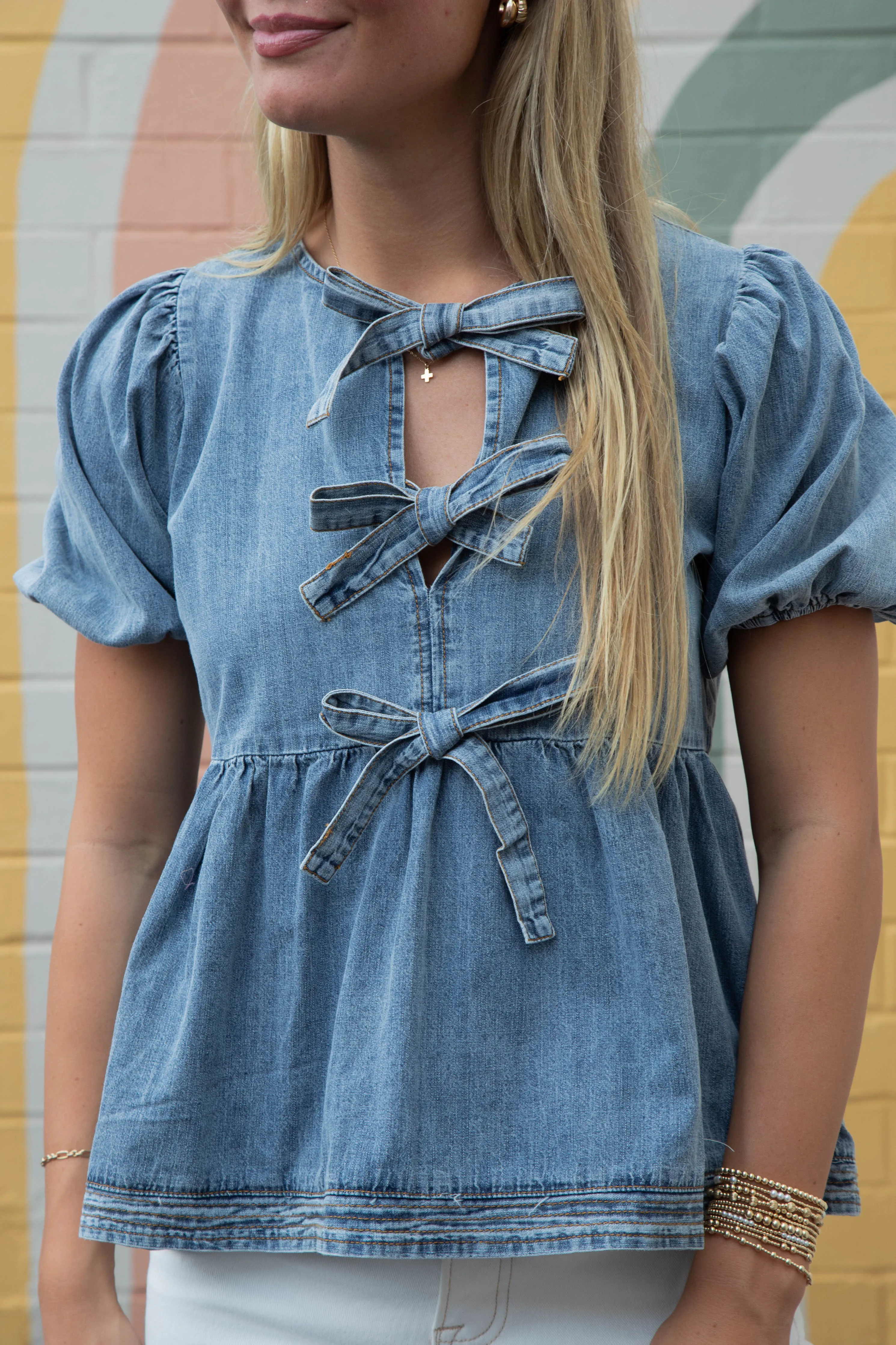 Elaina Puff Sleeve Peplum Blouse, Denim Blue sold by North & Main Clothing Company product image thumbnail 5