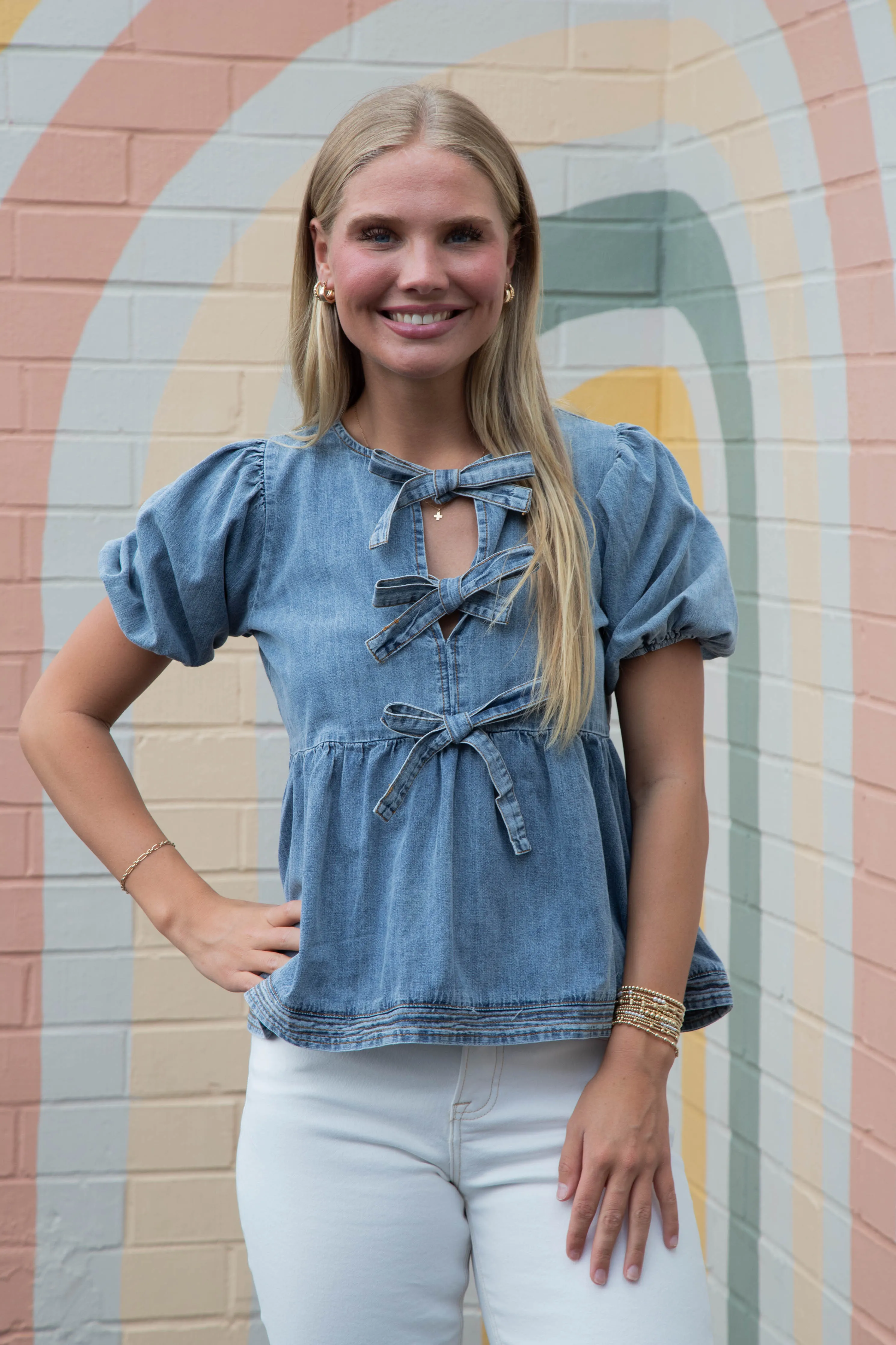 Elaina Puff Sleeve Peplum Blouse, Denim Blue sold by North & Main Clothing Company product image thumbnail 2