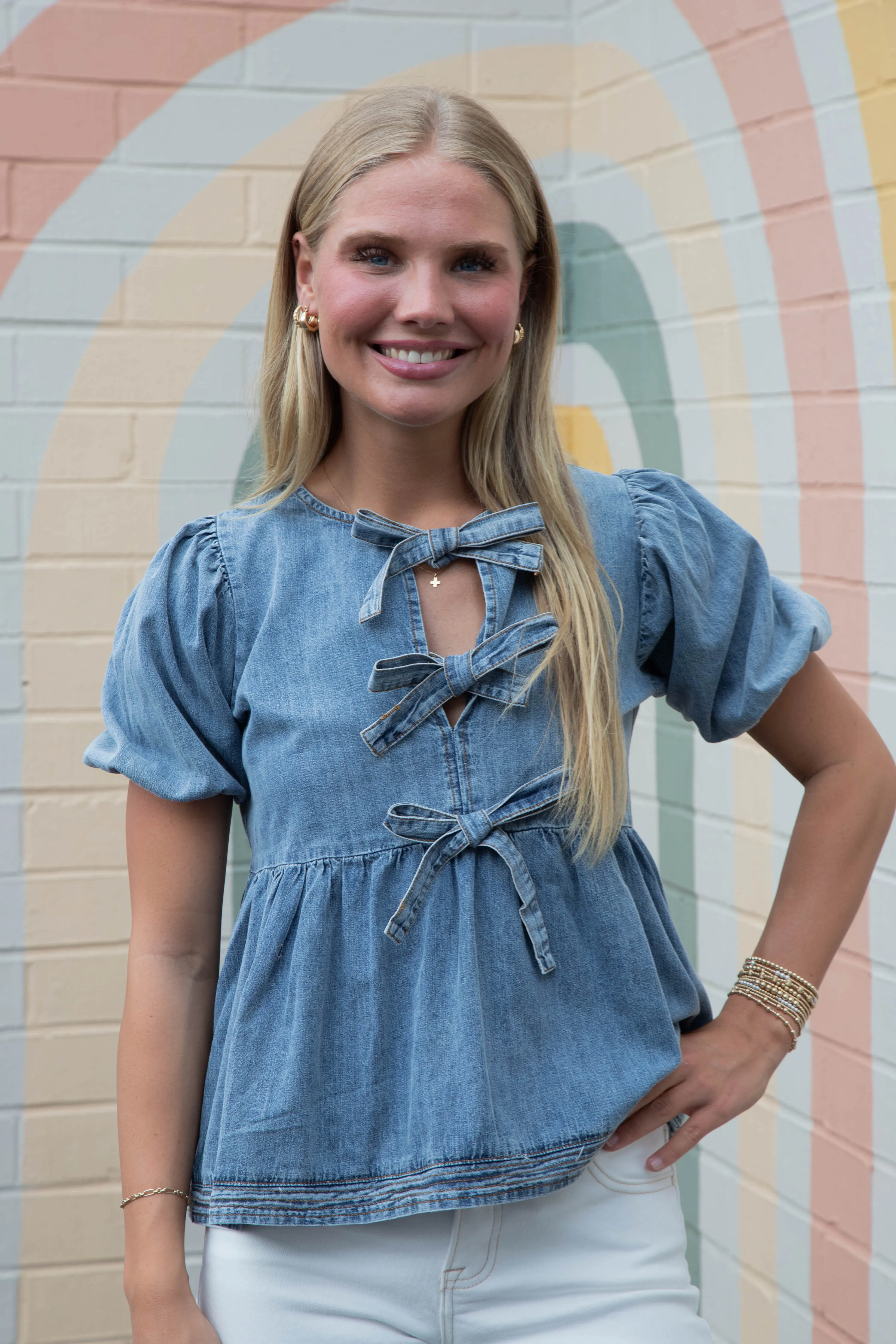 Elaina Puff Sleeve Peplum Blouse, Denim Blue sold by North & Main Clothing Company product image thumbnail 4