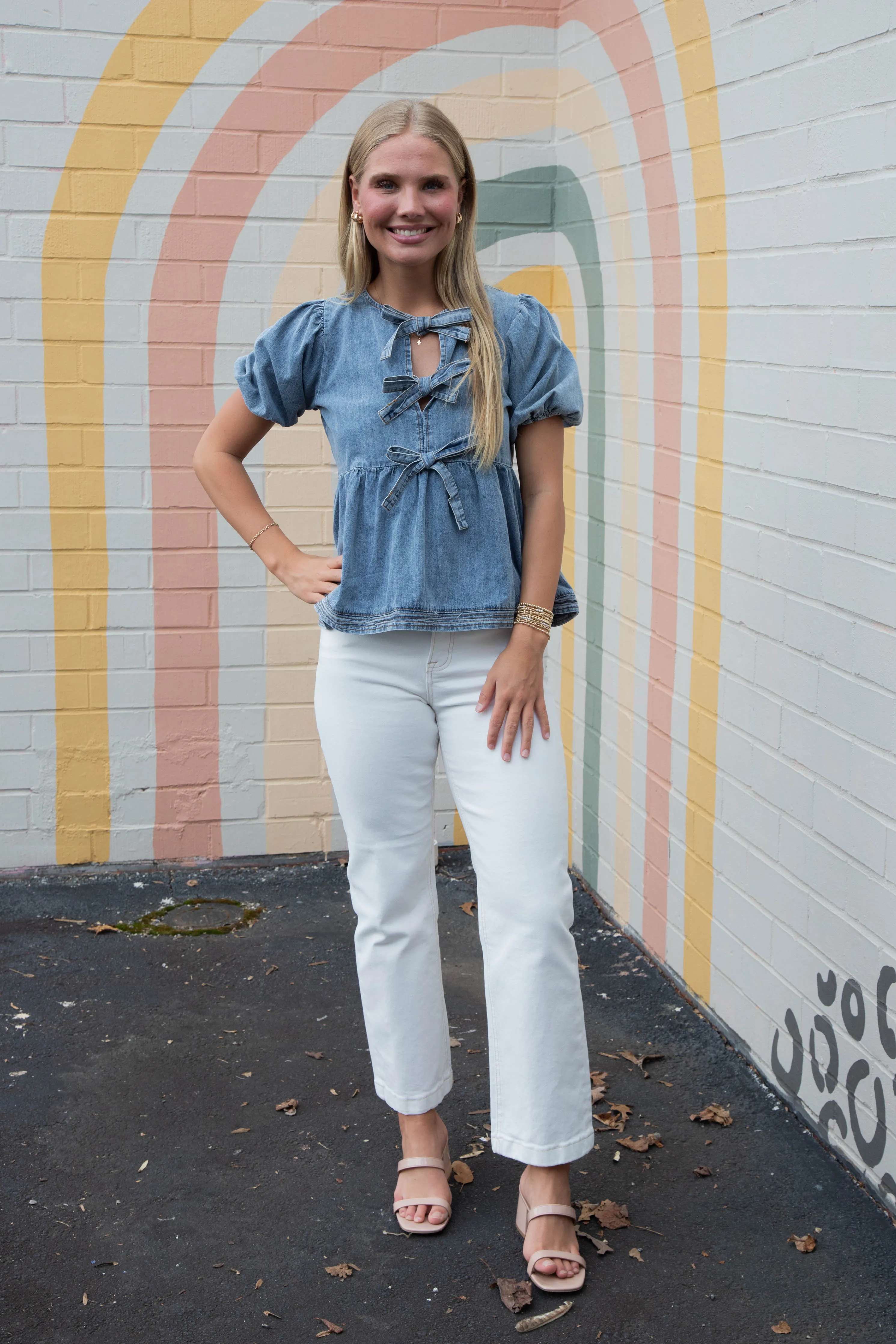 Elaina Puff Sleeve Peplum Blouse, Denim Blue sold by North & Main Clothing Company