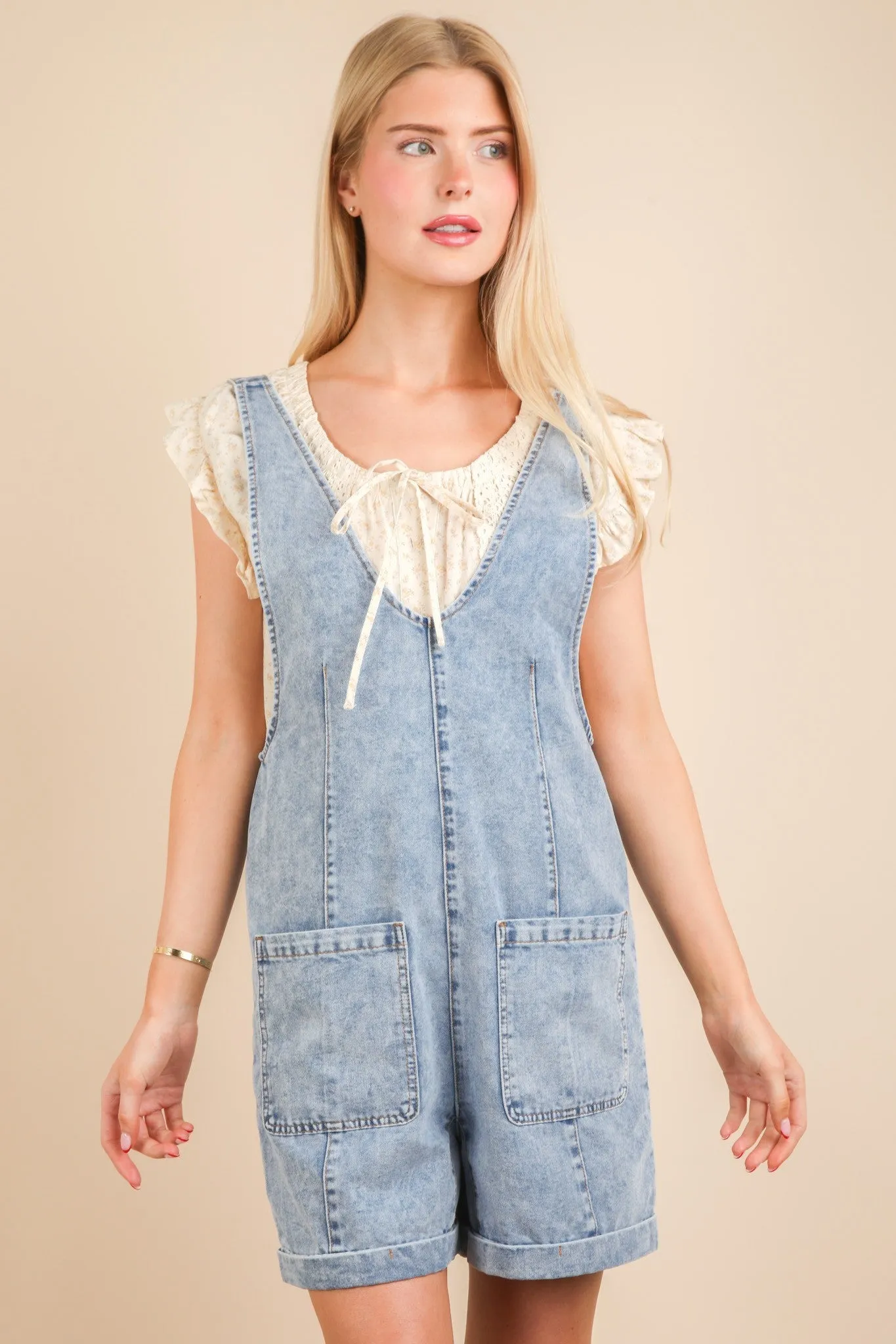 Lola Washed Denim Romper, Indigo sold by North & Main Clothing Company