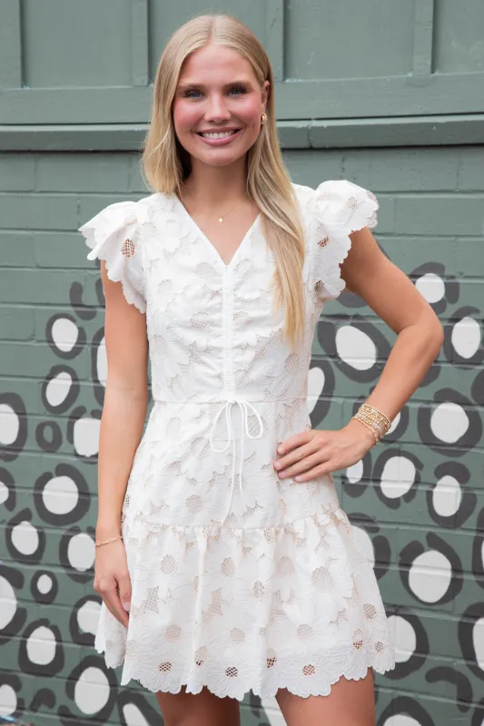 Gracie Flutter Sleeve Lace Dress, Ecru sold by North & Main Clothing Company