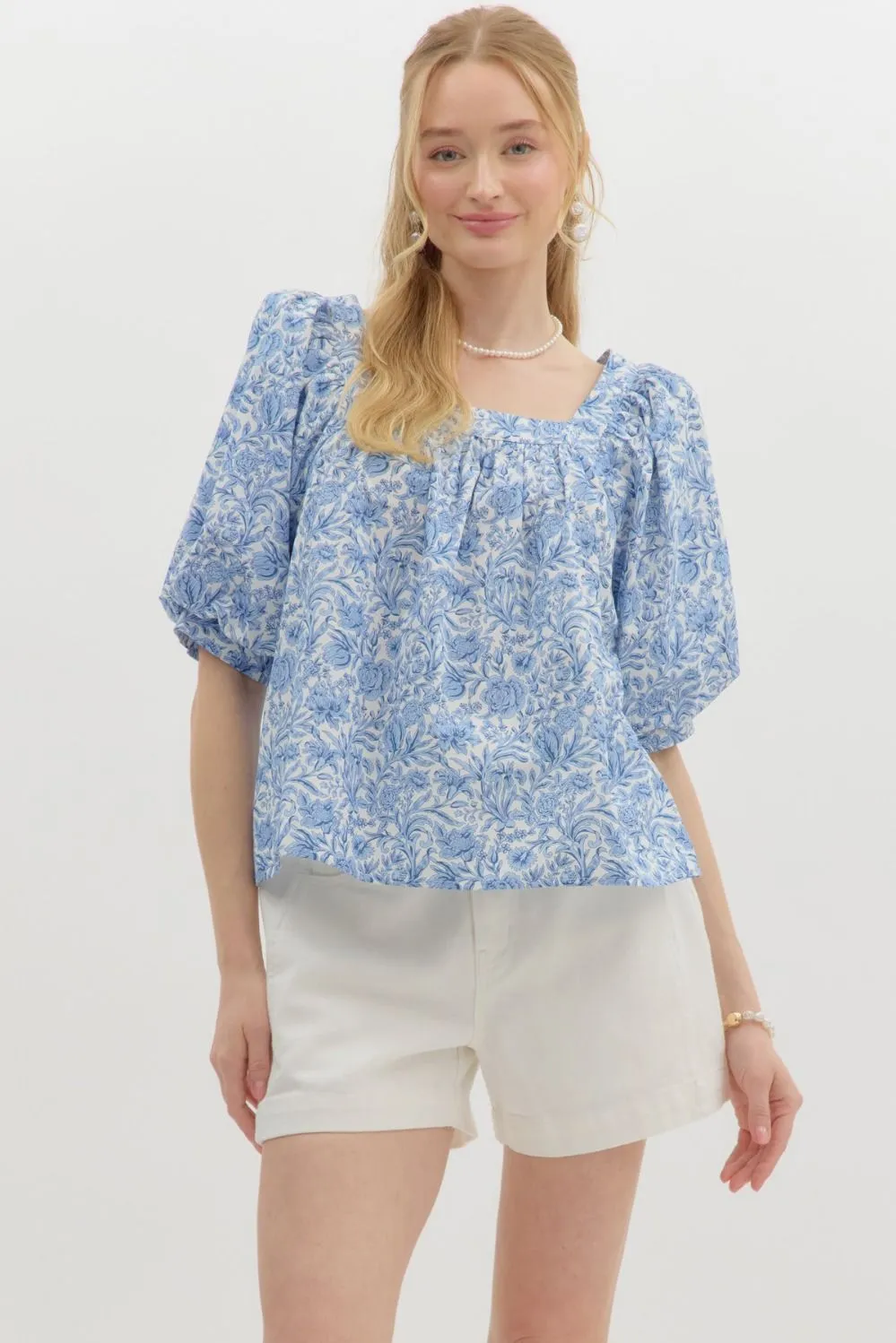 Rosalie Floral Square Neck Top, Blue sold by North & Main Clothing Company