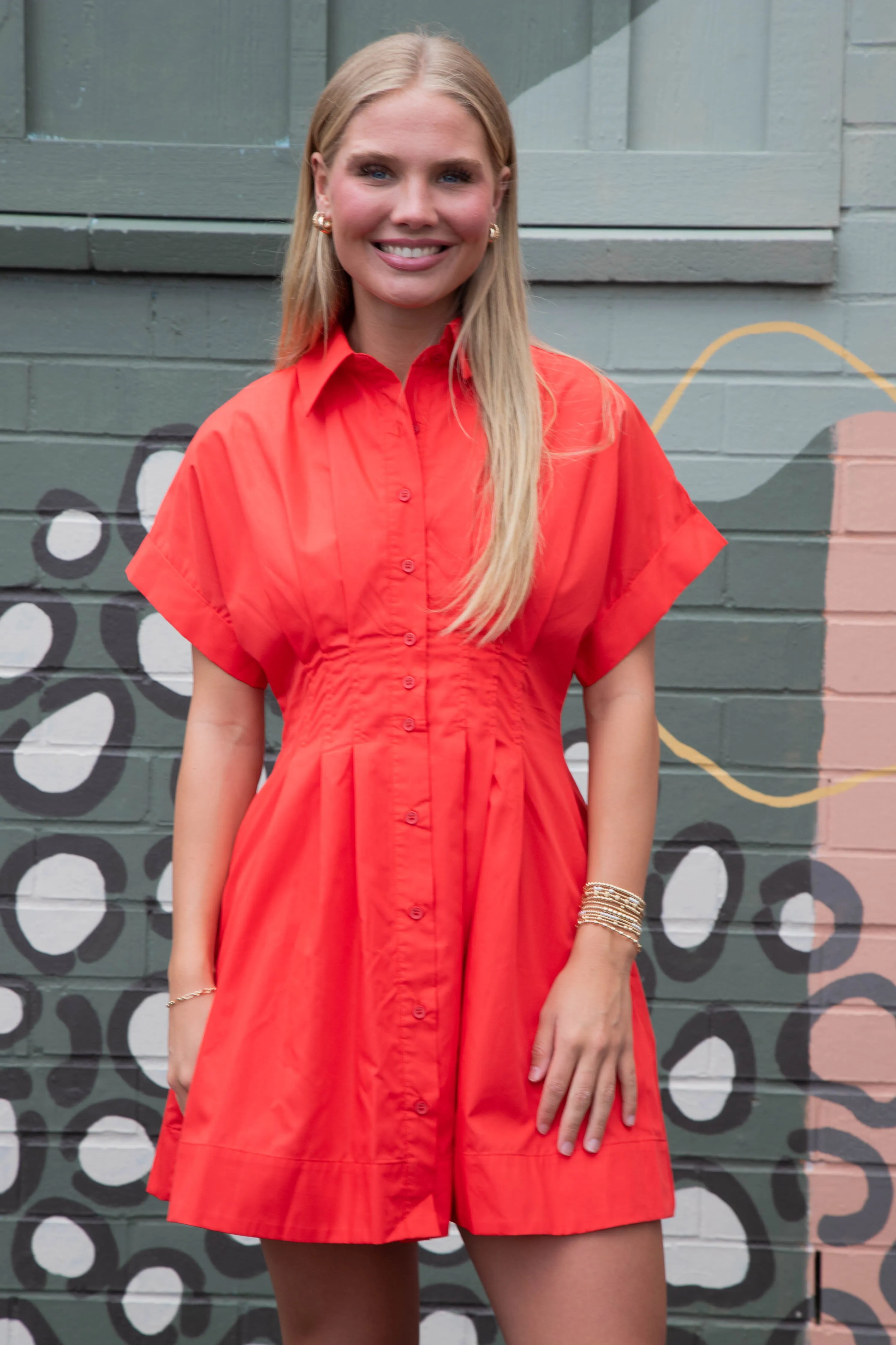 Juliana Pleated Front Mini Dress, Red sold by North & Main Clothing Company