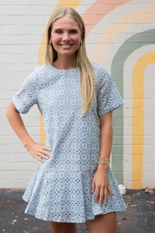 Kaylani Peplum Hem Embroidered Dress, Blue sold by North & Main Clothing Company