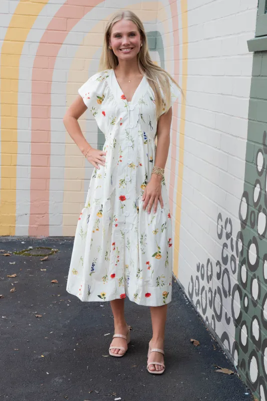 Seneca Button Down Floral Midi Dress, Cream Mix made by Umgee