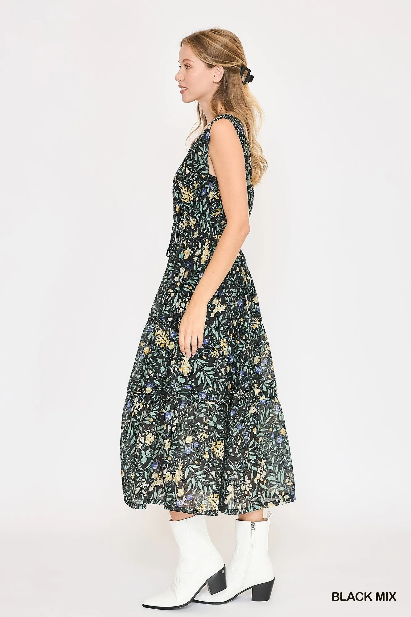 Harlow Floral Pintuck Tiered Dress, Black Mix sold by North & Main Clothing Company product image thumbnail 4