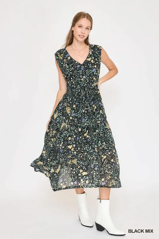 Harlow Floral Pintuck Tiered Dress, Black Mix made by Umgee
