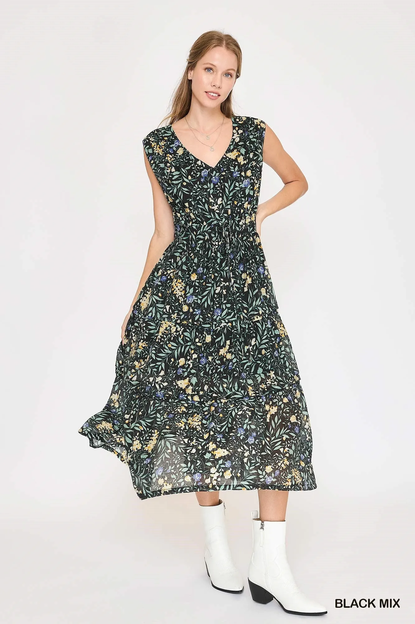 Harlow Floral Pintuck Tiered Dress, Black Mix sold by North & Main Clothing Company