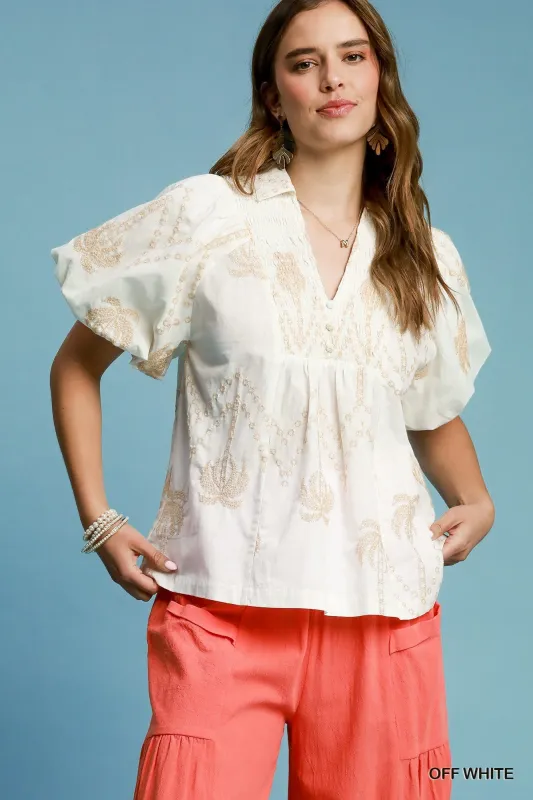 Blair Boho-Chic Embroidered Blouse, Off White sold by North & Main Clothing Company