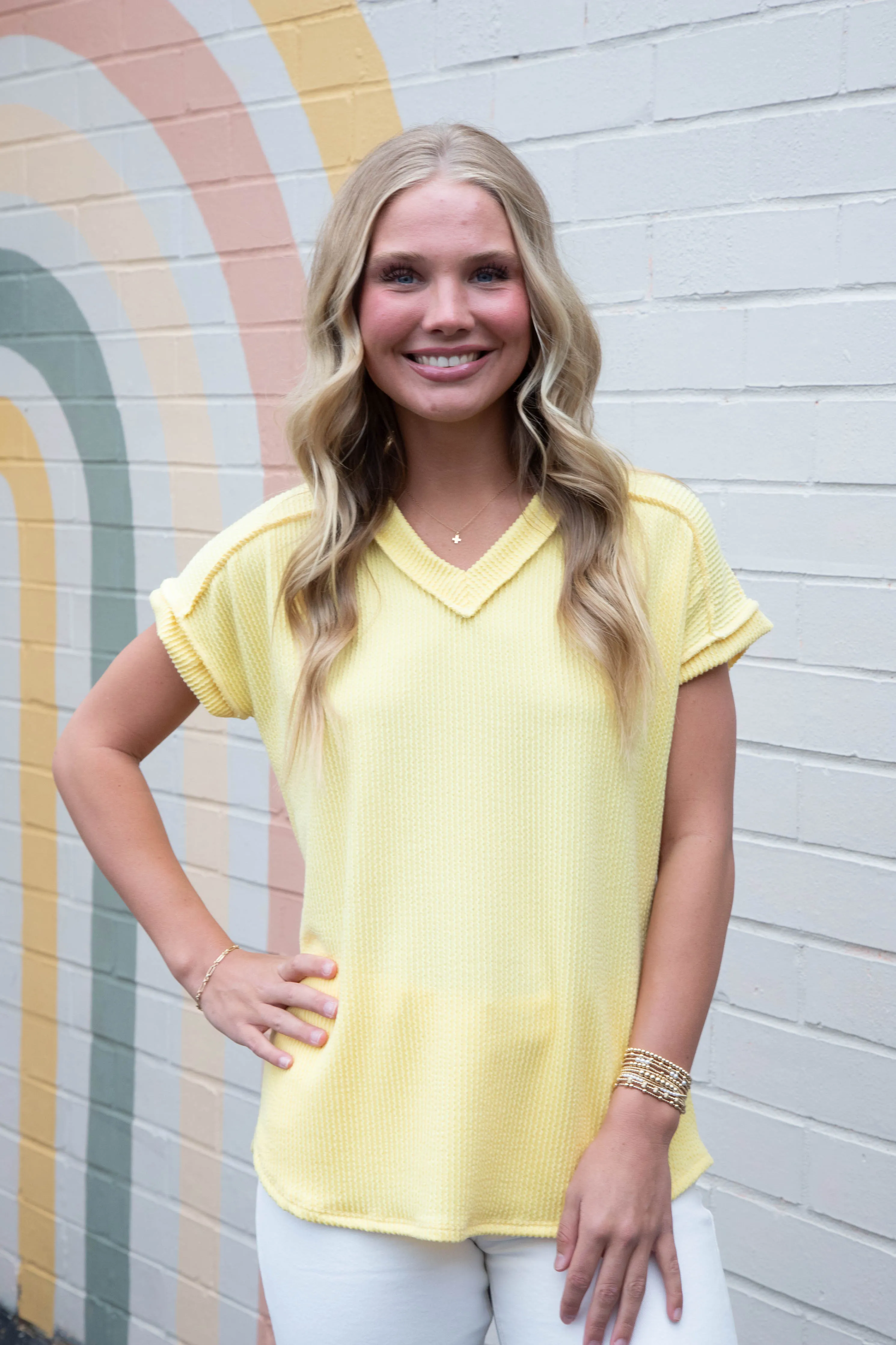 Melody V-Neck Ribbed Top, Light Yellow sold by North & Main Clothing Company