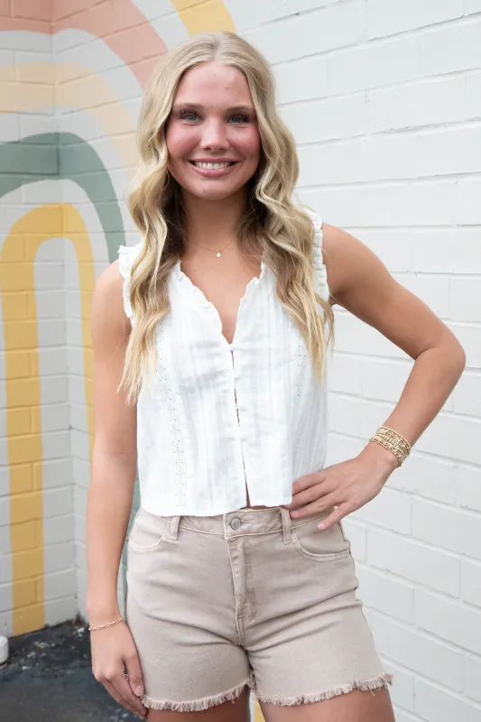 Raya Ruffle Detailed Button Down Top, White sold by North & Main Clothing Company