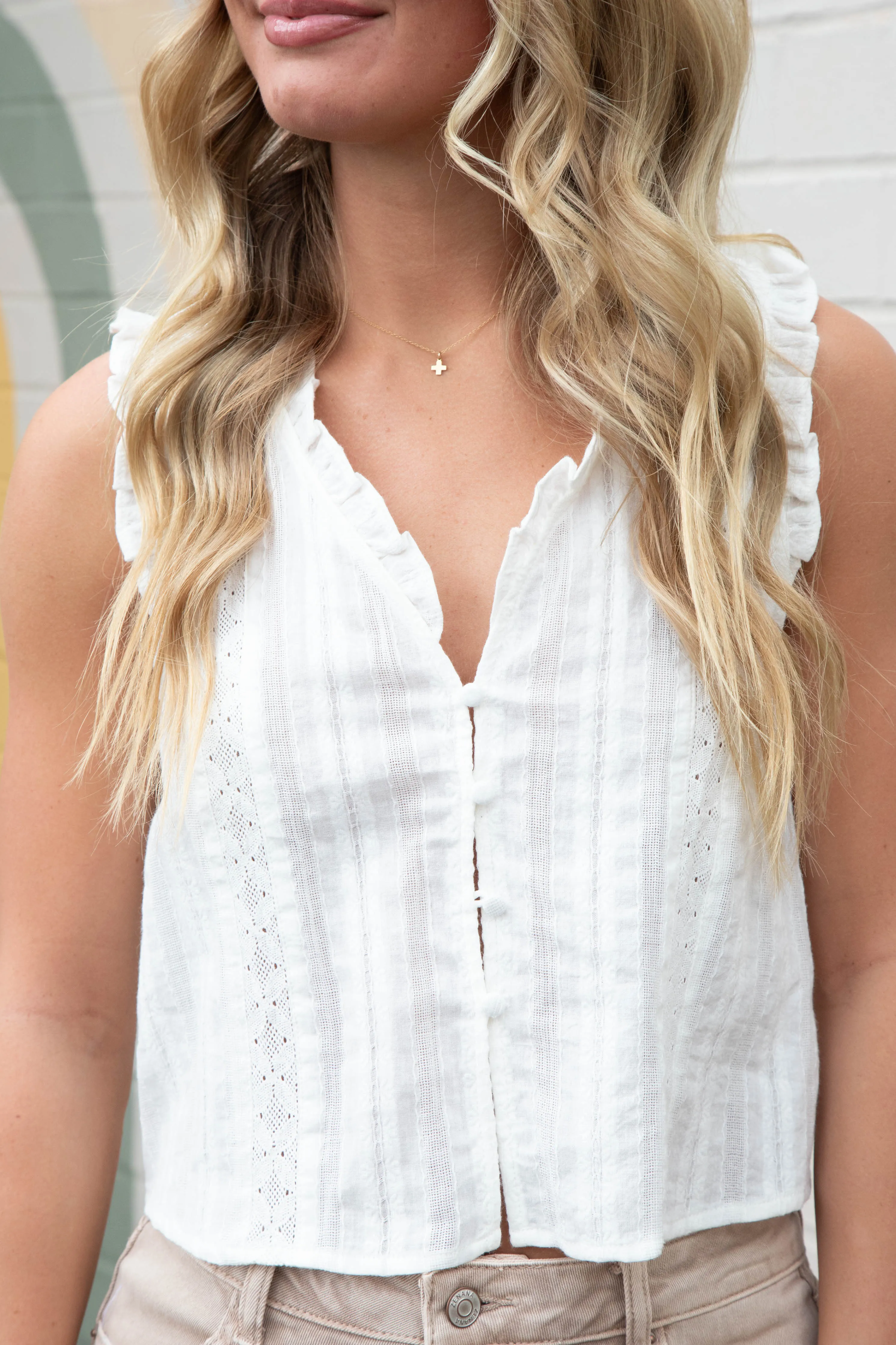 Raya Ruffle Detailed Button Down Top, White sold by North & Main Clothing Company product image thumbnail 4