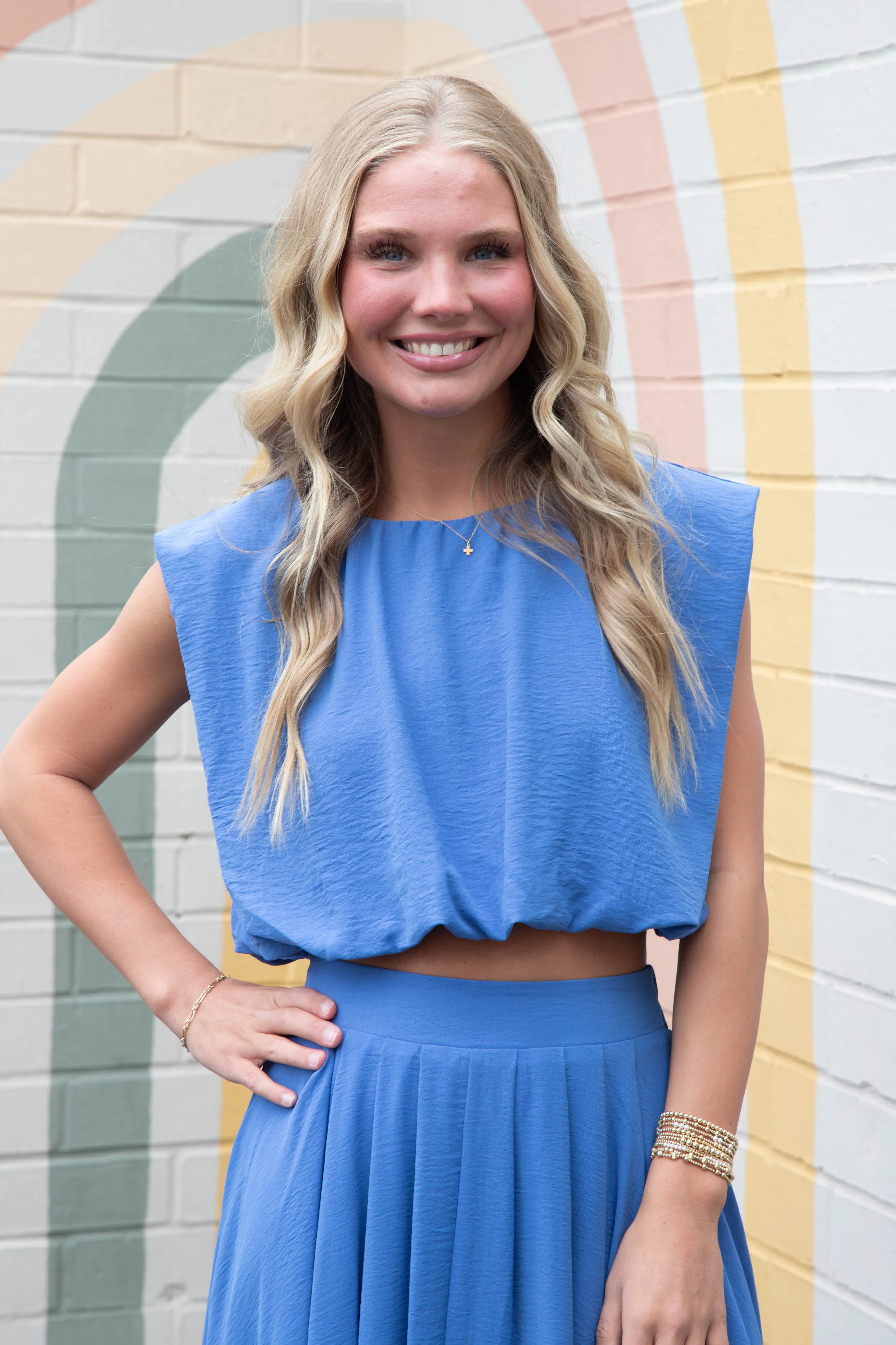 Abigail Bubble Hem Crop Top, Dusty Blue sold by North & Main Clothing Company