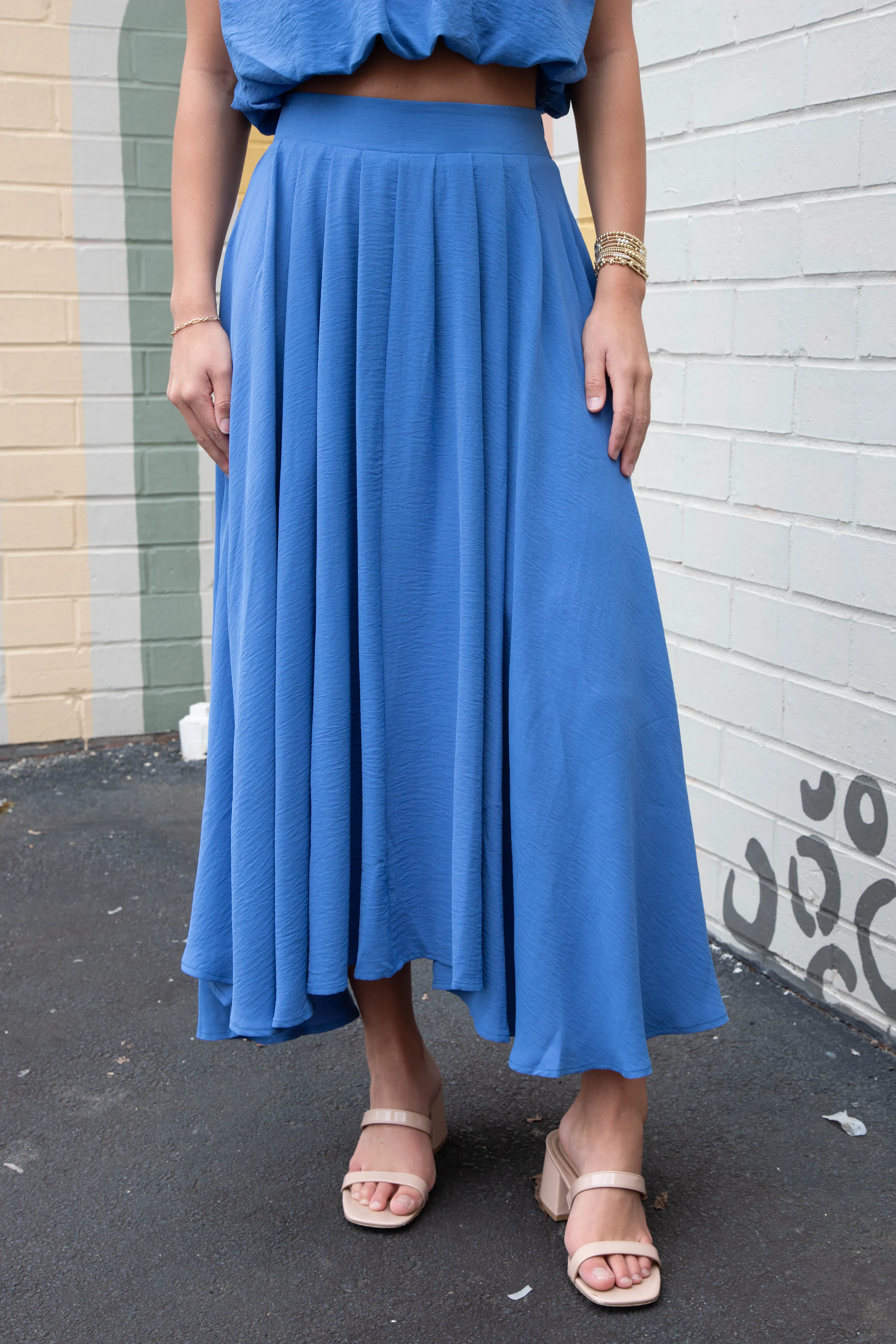 Abigail Box Pleated Midi Skirt, Dusty Blue sold by North & Main Clothing Company