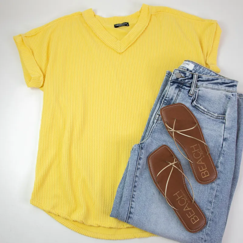 Melody V-Neck Ribbed Top, Light Yellow | Extended Sizes sold by North & Main Clothing Company