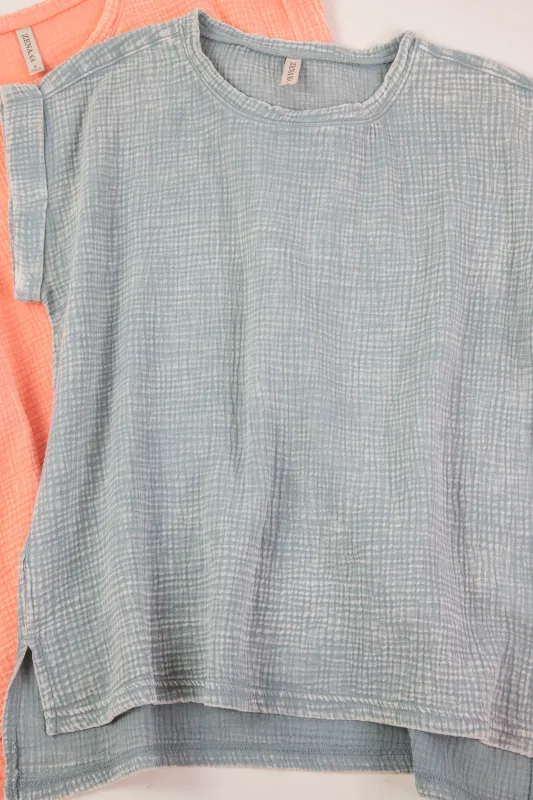 Nina Gauze Acid Wash Top, Blue Grey sold by North & Main Clothing Company