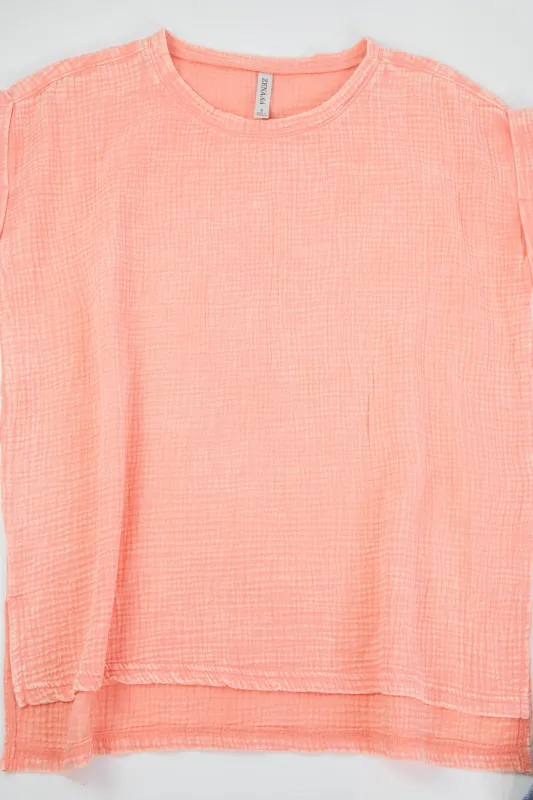 Nina Gauze Acid Wash Top, Coral sold by North & Main Clothing Company